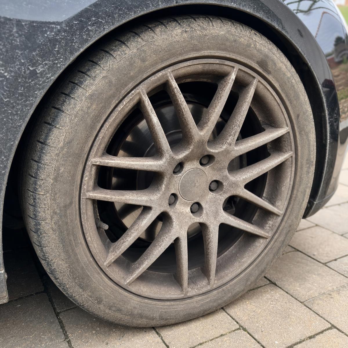 Dirty alloy wheel covered in brake dust before detailing